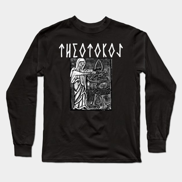 Virgin Mary Punching The Devil Metal Hardcore Punk Gothic Runes Long Sleeve T-Shirt by thecamphillips